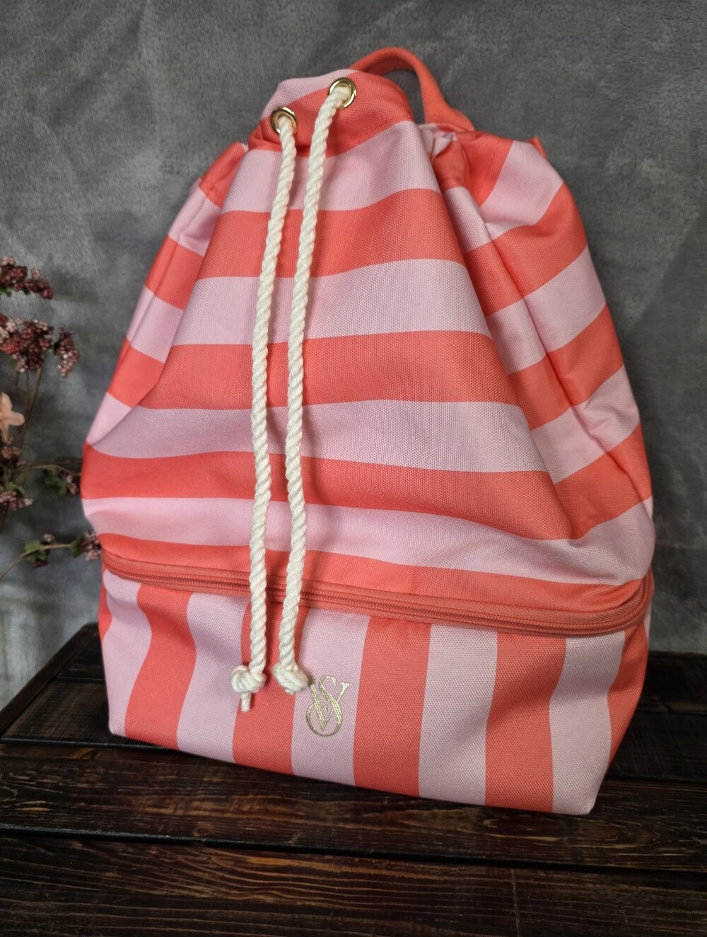 Victoria's Secret Pink Striped Cooler Backpack Drawstring Bag Beach Gym or Work